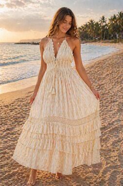 Ivory Boho Maxi Smocked Waist Halter Flowy Coastal Vacation Summer Style Dress